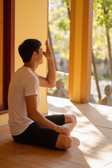 Asian man, See at the side view, Sitting on the wooden floor, In the temple, praying and meditatinng, Sunshine, Alone, Hands on his knees upside down, Peaceful expression, Bright bacground, Happiness, Harmonic, Warm, 