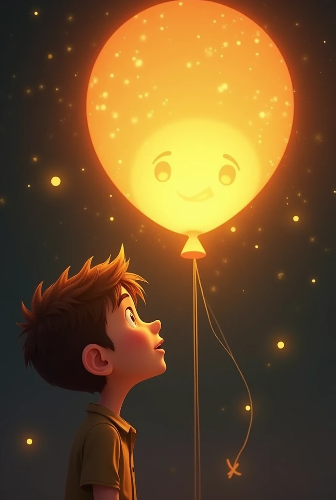 Scene 2: The Balloon Speaks

Prompt:
A close-up of the glowing balloon with a soft magical aura around it. A small smile appears on the balloon, and golden sparkles float as it "speaks." The boy looks amazed, staring at the balloon.
