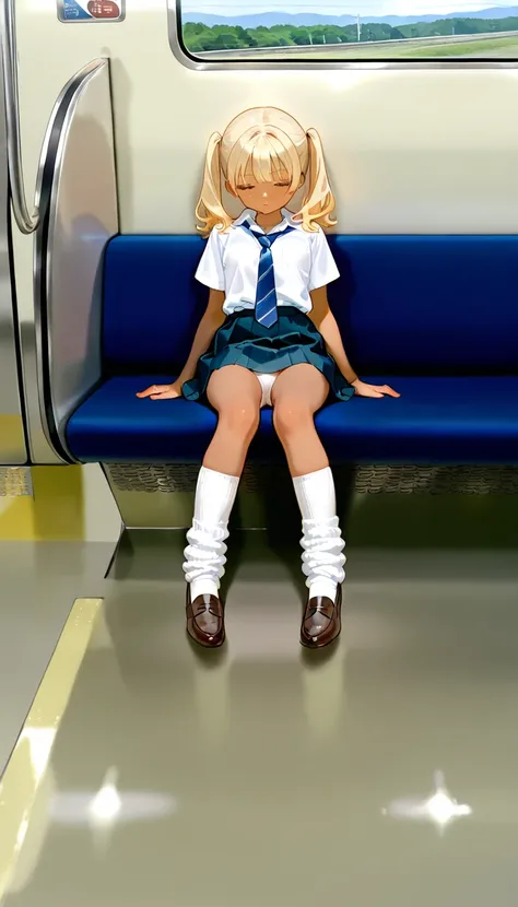  sit on the train seat ,Composition from the front seat ,  Blonde , twin tails ,  showing white panties, Dark Skin,  white t-shirts ,  ties,  pleated skirt, loose socks, loafers 