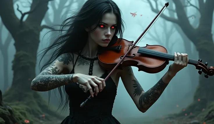 closed personagem mulher sexy, playing violin,  tattoo on arms ,  with black hair,  one eye red and the other black , Demonic sword with clothes all torn, Forest shadow of fog dead trees
