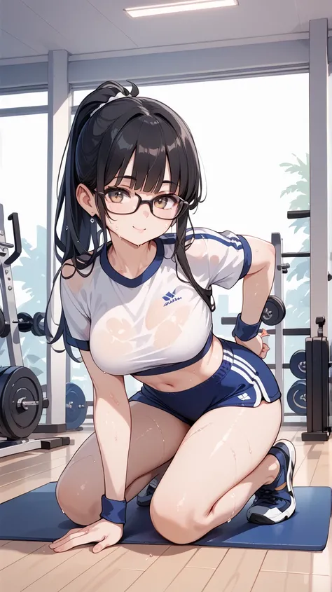 Black hair, glasses, gym clothes, sweat, gym, dirty mat,