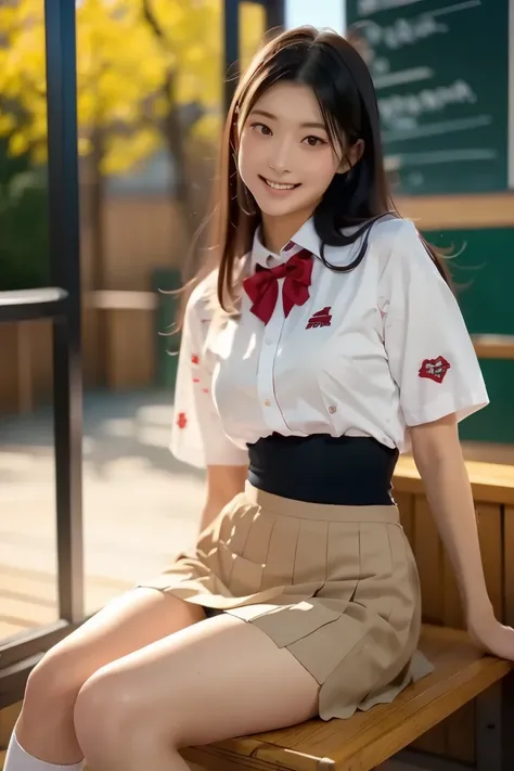 ((  Best Quality )), ((masterpiece)), ( Details ),   1girl  ,18 year old japanese girl ，at school， from the first-person perspective，Wear a pleated skirt， real person， 8k octagonal rendering ,  Shine Effect , Aho, preauricular hair, smirk， wearing high sch...