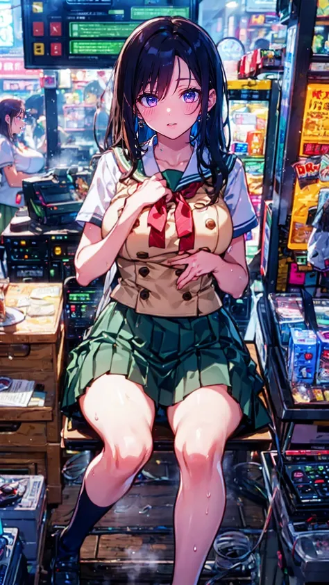  top quality ,  1 girl ,(( big breasted :1.3)), curvy,((  orgasms,,sweat, steam:1.3)), Yui Kotegawa ,  black hair , (  brown eyes :1.5),  long hair, green  skirt ,  check pattern ,  check pattern   skirt ,((Disaster High School ,  school uniform )),  skirt...