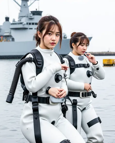 A documentary photo, Photo-realistic, ultra-realistic, (Japanese beautiful young woman, famous Japanese idol, boyish cool face:1.3), wetlook rubberish white clothes,, she is a military diver of Japan navy, experienced military diver, wearing a professional...