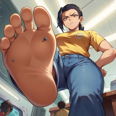 score_9, score_8_up, score_7_up, source_anime, BREAK pov: under giantess,Dark skin tone, black hair,jeans,Yellow lion shirt ,Ponytail hair,from below,Text: GigaTeam,world,space,sit,bored face,soles,