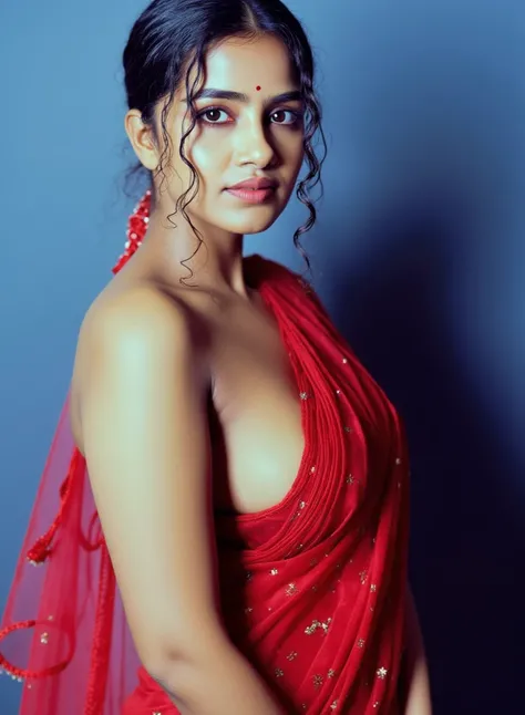 indian slim aunty with long tied hair, thick breast, thick hip, thick ass, thick thighs, woman wearing Georgette transparent saree, sweating lot, sweat drops visible, deep belly button, nipple popping out. Erotic image