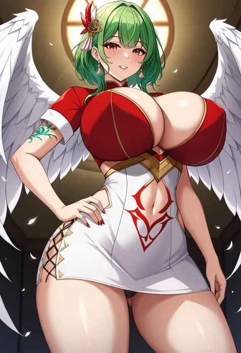 (( more details、 High Quality 、masterpiece))、 Beautiful Girl with Big Breasts and Huge Breasts Growing Pure White Wings()、 green hair、 medium hair with visible tattoos、Red Mini Dress 、 thighs、Toriotome Nazca、White short sleeve、feather-shaped miniskirt