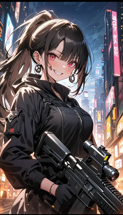 ( beautiful girl  : 1.3), 1 girl,(protective clothing,Bo Jin, earrings,Assault rifle), black hair, ponytail, barcode tattoo on the cheek, Crazy Smile ,Reckless attitude,Evil face,Provocative attitude, with sharp eyes, cyberpunk, night neon city,Machine Cit...