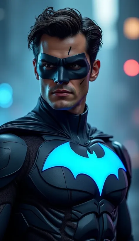 Handsome Jack Grayson  Son Of Bruce Wayne Become Batwing Standing Cool, Masterpiece, Accurate, High Resolution, Award Winning, Scar On His Face, Motion Lines, Lens Flare, Blue-Black Neon Masked Armor, 