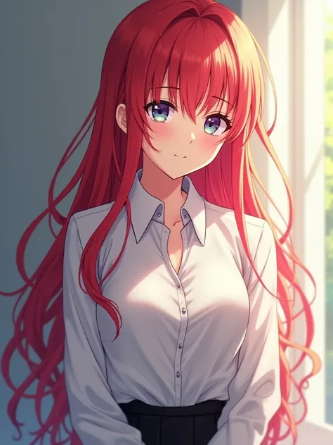 Anime, woman, red wine long hair, violet and green eyes color, wear  a white shirt, black slacks.