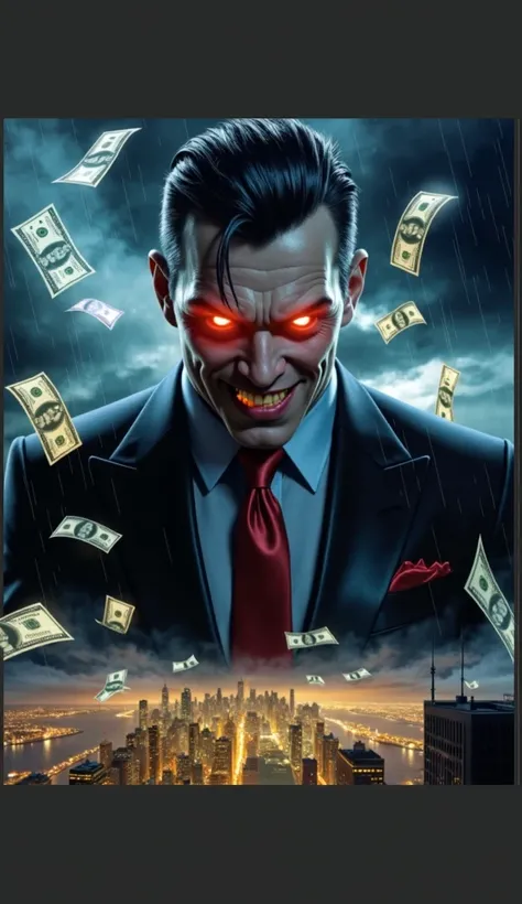 Image features a menacing figure in the upper half and a cityscape below. The figure is a male with pale skin, slicked-back black hair, and glowing red eyes, wearing a black suit, white shirt, and red tie. His expression is sinister, with a wide grin revea...