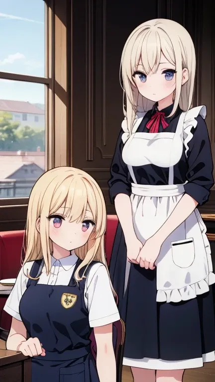  two women sitting next to each other, woman, is cute , cute, looks like an adult, adult woman,Long legs, Slim, slim, slender,Big Breasts,housewife and student ,A girl in uniform and an older sister wearing an apron