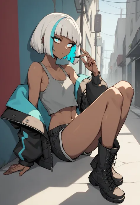 (Masterpiece, ultra detailed, high resolution, sharp line), 1girl, solo, (brown skin), (flat chest), tiny breasts, ((white hair)), (medium bob hairstyle), (blunt bangs), (light blue streaked hair), light blue highlights hair, light blue eyes, (drooping eye...