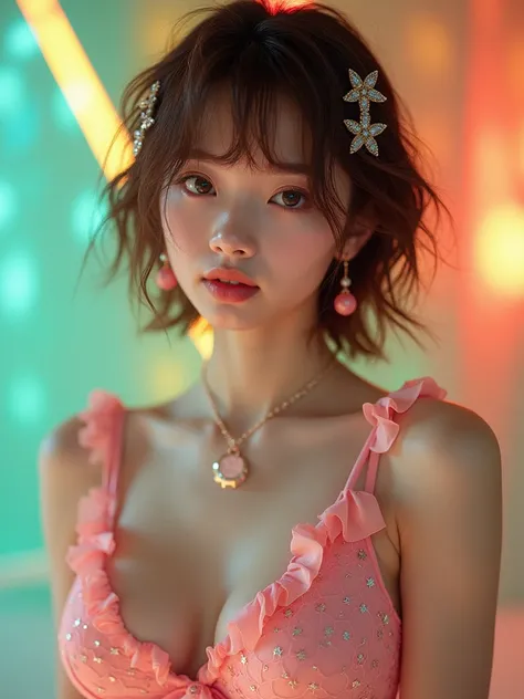 real photograph, (masterpiece), (highest quality), (Super detailed), (messy hair), (shape), (one japanese girl), Pretty face like an idol, (a frill and jewelry bikini fully made from geometric prisms and bundeled light), big breast, Are standing, Fashion M...