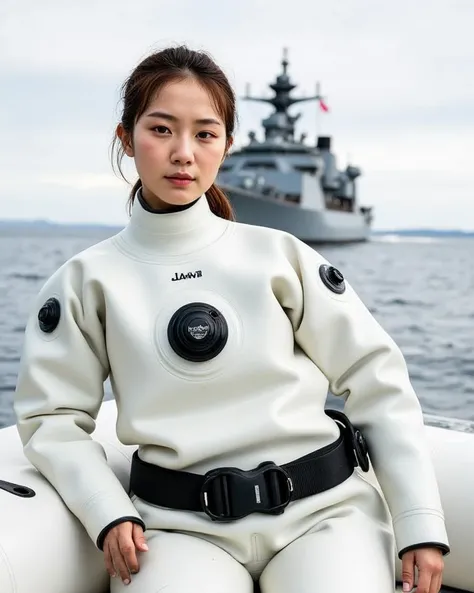 A documentary photo, Photo-realistic, ultra-realistic, (Japanese beautiful young woman, famous Japanese idol, boyish cool face:1.3), wetlook rubberish white clothes,, she is a military diver of Japan navy, experienced military diver, wearing a professional...