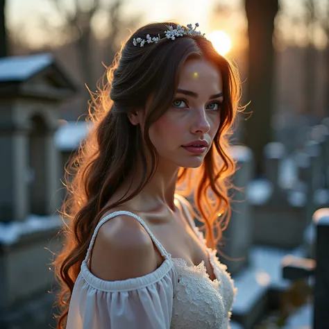 A full shot of a young beautiful widow. 8K. It's a cold snowy day of December, but at the same time, the sun shines a lot. In the graveyard. A BEAUTIFUL full-bosomed Parisienne, named Christine, aged 22, and with long brown hair, knees to her husband's gra...