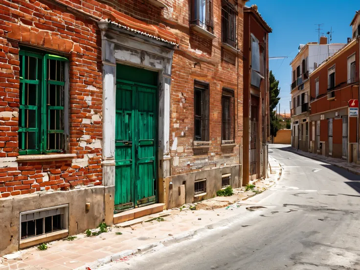 the portal of a dirty and dilapidated block of red brick houses with chipped and painted walls on a very dirty and deteriorated street in a suburb of Madrid on a hot summer day