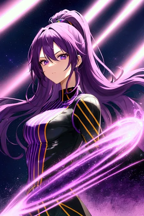 A beautiful anime fighter girl, detailed purple hair, mesmerizing detailed purple eyes, dark green shoulderpads, Vertical stripes pattern red shirt, cool ace pilot, ultra-fine painting,professional,vivid colors,sci-fi