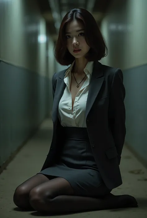 masterpiece, 8k,  Photorealistic, crime scene, beautiful Japanese mature woman, detailed face, milf, elegant lady, dark gray business suits, pencil skirt, white blouse, black pantyhose, necklace, (rope restrained her arms:1.8), (her arms were tied together...