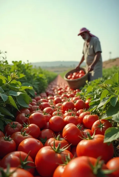 The land is grown with tomatoes and an Egyptian farmer in Jalabiya is harvesting tomatoes and the picture is still big with a clear sky 