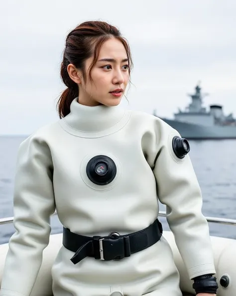 A documentary photo, Photo-realistic, ultra-realistic, (Japanese beautiful young woman, famous Japanese idol, boyish cool face:1.3), wetlook rubberish white clothes,, she is a military diver of Japan navy, experienced military diver, wearing a professional...