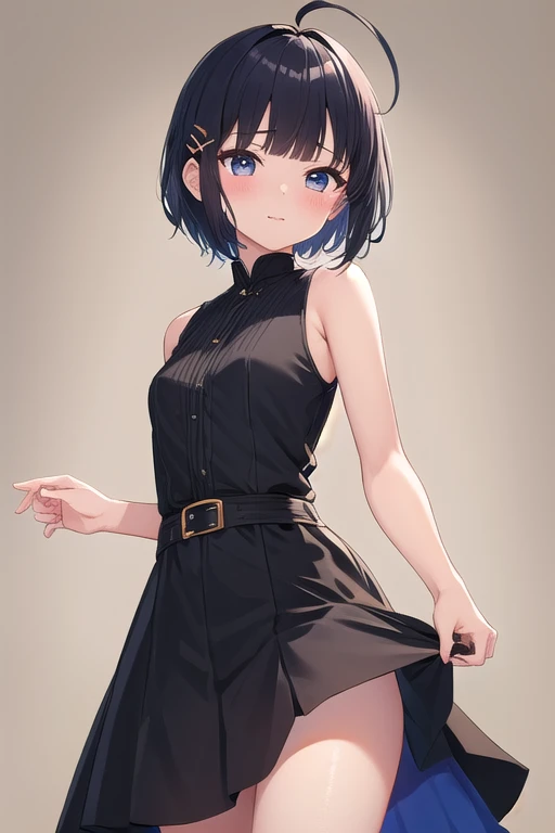 ((top quality)), ((masterpiece)), (Details),  1 Girl。blunt bangs。Short Hair。 braids。ahoge。Cute hair clip。happy。 you look very young。 small breasts 。 Sleeveless Dress 。grabbing skirt hem。