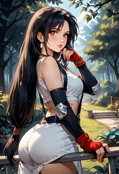 score_9, score_8_up, score_7_up, 1girl, solo, beautiful waifu, (defTif, red eyes, black hair, low-tied long hair, earrings:1.3), (white sports bra, black suspenders, miniskirt, arm warmers, black elbow gloves, elbow pads, red gloves:1.2), detailed eyes, de...