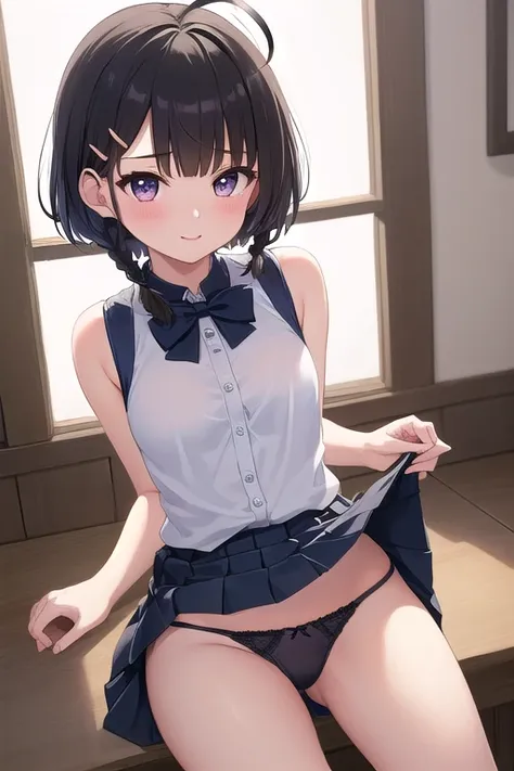 ((top quality)), ((masterpiece)), (Details),  1 Girl。blunt bangs。Short Hair。 braids。ahoge。Cute hair clip。happy。 you look very young。 small breasts 。 Sleeveless Dress 。grabbing skirt hem。Panties and bras are visible。