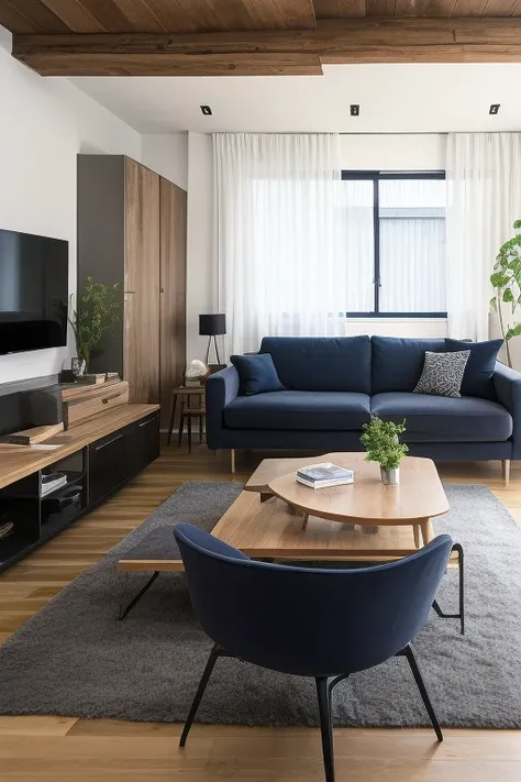 A living room with a sense of openness with gray and navy black accents and wood grain