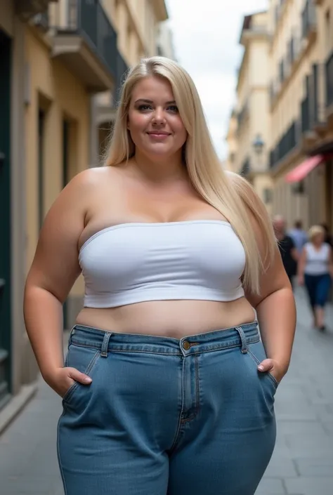 A beautiful morbidly obese busty blonde straight-haired blue eyed woman resembling like a French cinema actress, 21 years old, wearing white tube top, and denim trousers, having humongous and enormous tits, highlighting her curves, chubby face, smiling, do...