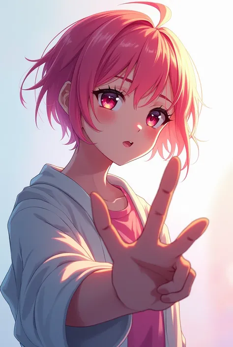 Create an image of an anime character making a hand gesture with your fingers:, Index and middle fingers raised with left hand