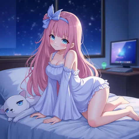 A woman with long pink hair tied to one side with a blue bow, blue eyes like the sky, wearing a nightgown with an open right shoulder and white shorts.Lying on the bed with a white cat with blue eyes in a room with a computer and computer light and stars a...