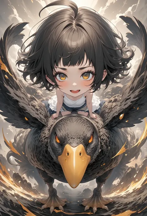 A girl with thick eyebrows and short black hair comes charging towards me on the back of a giant duck. various effects, ultra detailed, absolutely resolution, masterpiece