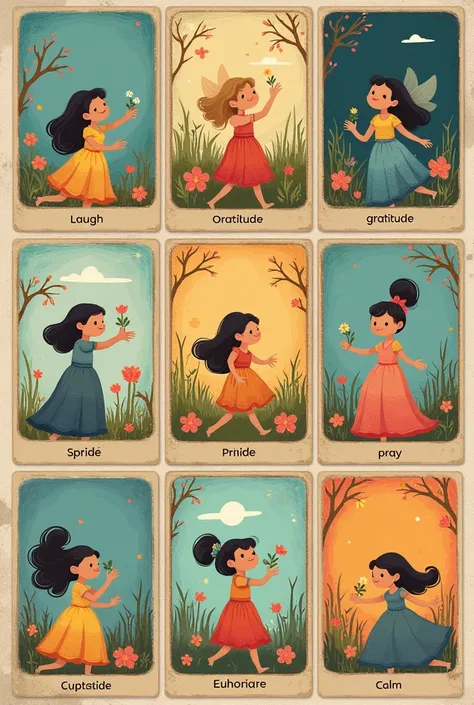 Create a series of cards representing these words in a fairy universe. Each word should have its own card : Laugh, Gratitude, espoir, Praise, pride, Amour, play,  cry , calm, colored, happiness, Euphoria, Talk 