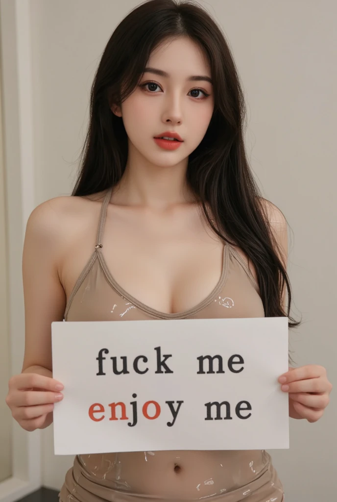 young japanese woman, wet dress, open mouth, (holding a paper sighn with the pink text " "Fuck me"  "enjoy me""), solo, 1girl, high resolution, uhd 