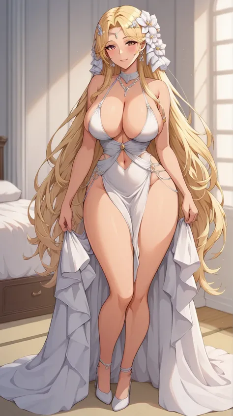 anatomically correct, highly detailed beautiful attractive face and eyes, delicate facial features and skin, long blonde hair, mature female, bedroom, wide hips, fantasy cotton dress, elegant circlet, elegant jewelry, hair ornament, hair flower, bare deep ...