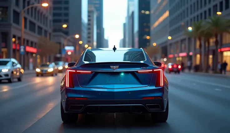 A cinematic photo of the back view of the Cadillac Lyriq in Opulent Blue Metallic tooltip shining color. The car has a sleek, modern, luxurious look with a sporty exterior design. The headlights are sleek, and the car is slightly lowered to the ground. The...