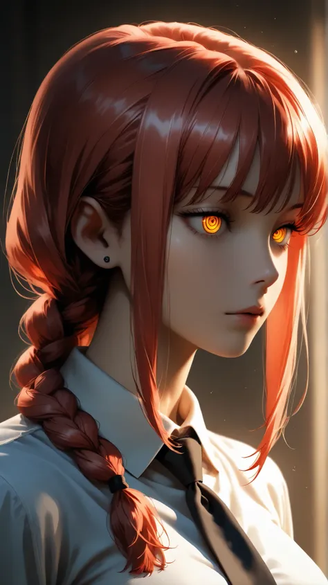 best quality, illustrator anime, style retro classic, A beautifully detailed, photorealistic 8K masterpiece portrait of Makima from Chainsaw Man, with red braided hair, bangs, and piercing yellow and golden ringed eyes. She wears a white shirt and necktie,...