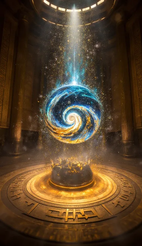 A magnificent cosmic artifact, floating in the air within the inner chamber of the pyramid. The artifact is a crystalline sphere with swirling galaxies inside, pulsating with radiant blue and gold energy. The surrounding air shimmers with light particles, ...