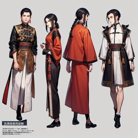 I looked at ancient Chinese men with hairstyles and clothes from 3 different angles 、  character model sheet that is open、 depicting the same man from 3 different angles、