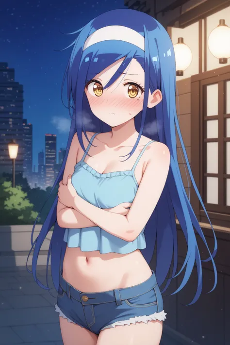 masterpiece,best quality,{{detailed beautiful face and eyes}}, very detailed background,
Fumino Furuhashi,{{{megami magazine}}},long hair,blue hair,hair between eyes,white hairband,a mole under right eye,yellow eyes,{flat chest},
camisole, bare shoulders, ...