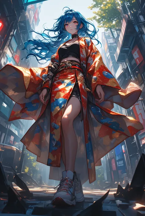 1 girl,long blue hair, crop top, stylish yukata, stylish sneaker, Verry low view, dynamic angle,HDR, masterpiece, red gold yukata,shark pattern,