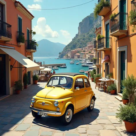 A 1970 Fiat 500 stand on the beautiful street in an Italian seafront town with a small tourist harbour in the center, hot summer, realistic photos