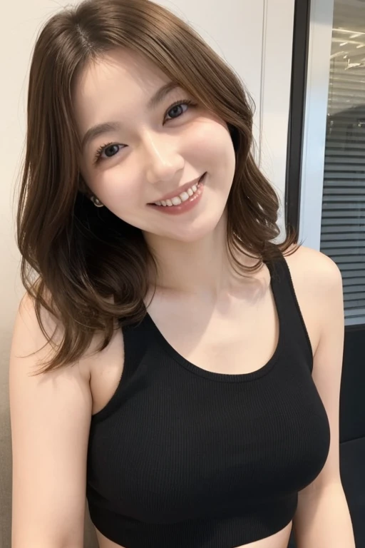  mature girlfriend  、  clear  、virgin、28 years old、Close-up of breasts、 long wavy hair brown hair  、 has a smiling face、Shapely breasts、 BRIGHT 、  Japanese  、 fitted tank top、Enhances the shape of the breasts、 realistic feel