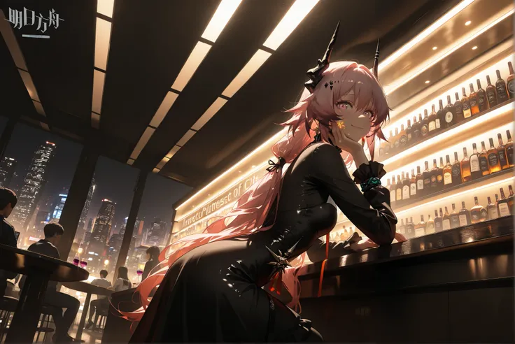 female,(((alone)))((Theresa)),((Theresa_\(arknights\))), Theresa_\(arknights\),  pink hair color 。Pink Eyes。longhair。Black horn 。  white and black dress,(Focus on face :1.5),smile,,Photorealistic Background,Bar counter, is sitting, best quality, amazing qu...