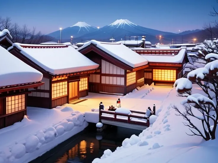 A silent Japanese village at night, buried in knee-deep snow, A japanese gassho-style houses dot the landscape. with japanese miko girl, stands on the road, viewed from above.