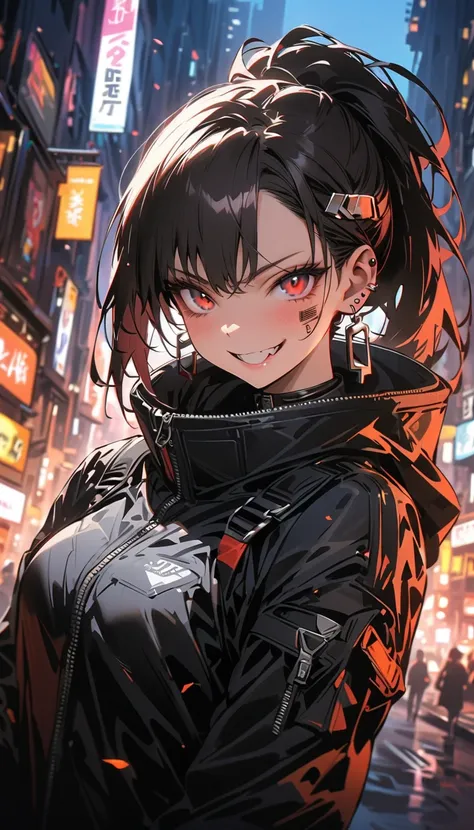 ( beautiful girl  : 1.3), 1 girl,(protective clothing,metal headband , earrings,Assault rifle), black hair, ponytail, barcode tattoo on cheek, Crazy Smile ,Reckless attitude,Evil face,Provocative attitude, with sharp eyes, cyberpunk, night neon city,Machin...