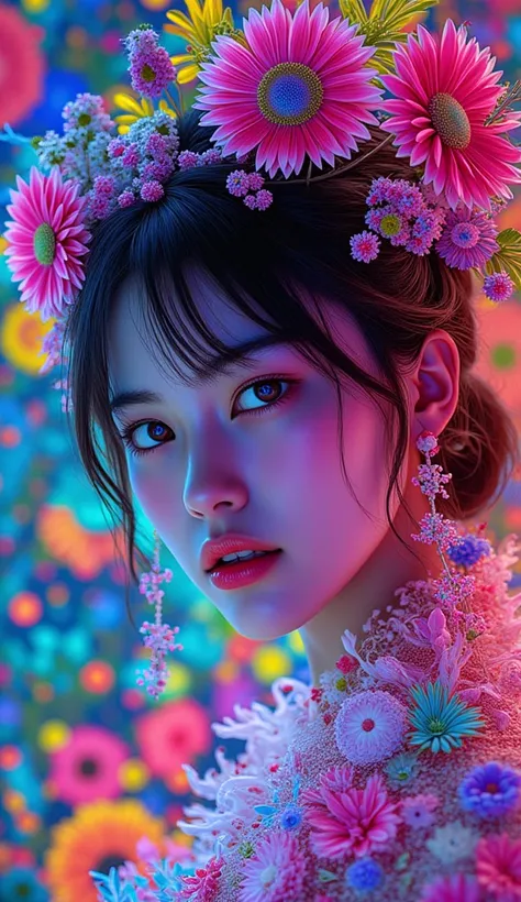 masterpiece, top quality, best quality, official art, beautiful and aesthetic:1.2), (1 Korea girl:1.3), extremely detailed,(fractal art:1.1)neon,(colorful:1.1)neon(flowers:1.3)neon, highest detailed,(zentangle:1.2)neon, (dynamic pose), (abstract background...