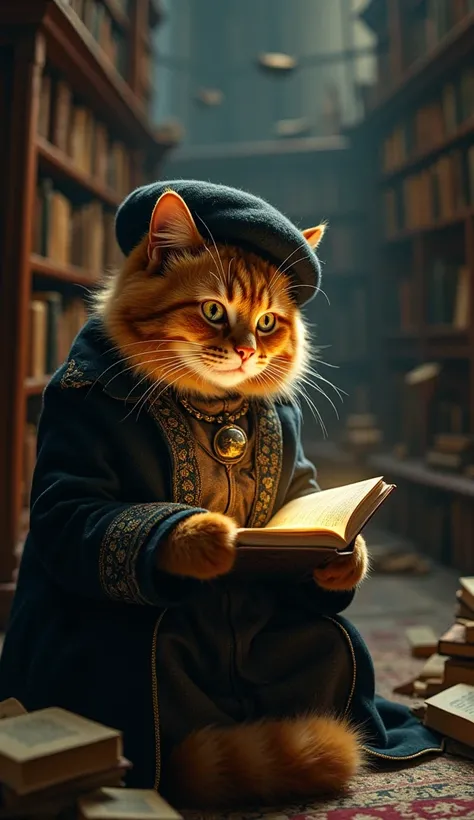 "A mysterious French storyteller cat with orange fur, a robust build, and aged, wise features that reflect over 40 years of life. Dressed in a dark, luxurious embroidered coat and a weathered beret, the cat sits in a dimly lit, towering library. The librar...