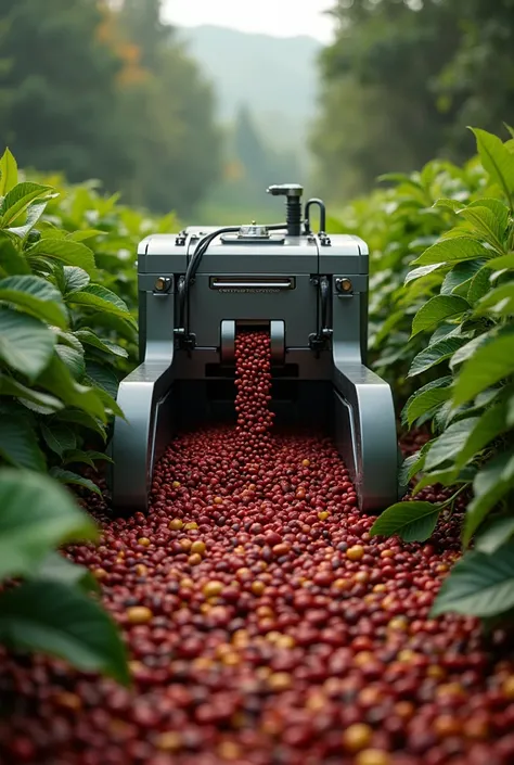  Ripe coffee beans being picked by a modern machine on a coffee field, with shiny, fresh beans falling into a container .  The machine is adjusted to harvest only the ripe beans ."